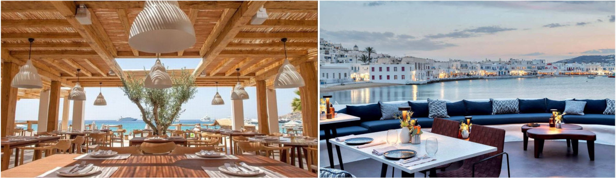 Bright coastal restaurant interior on the left, and a stylish waterfront dining area with scenic views on the right, representing Mykonos wedding venues.