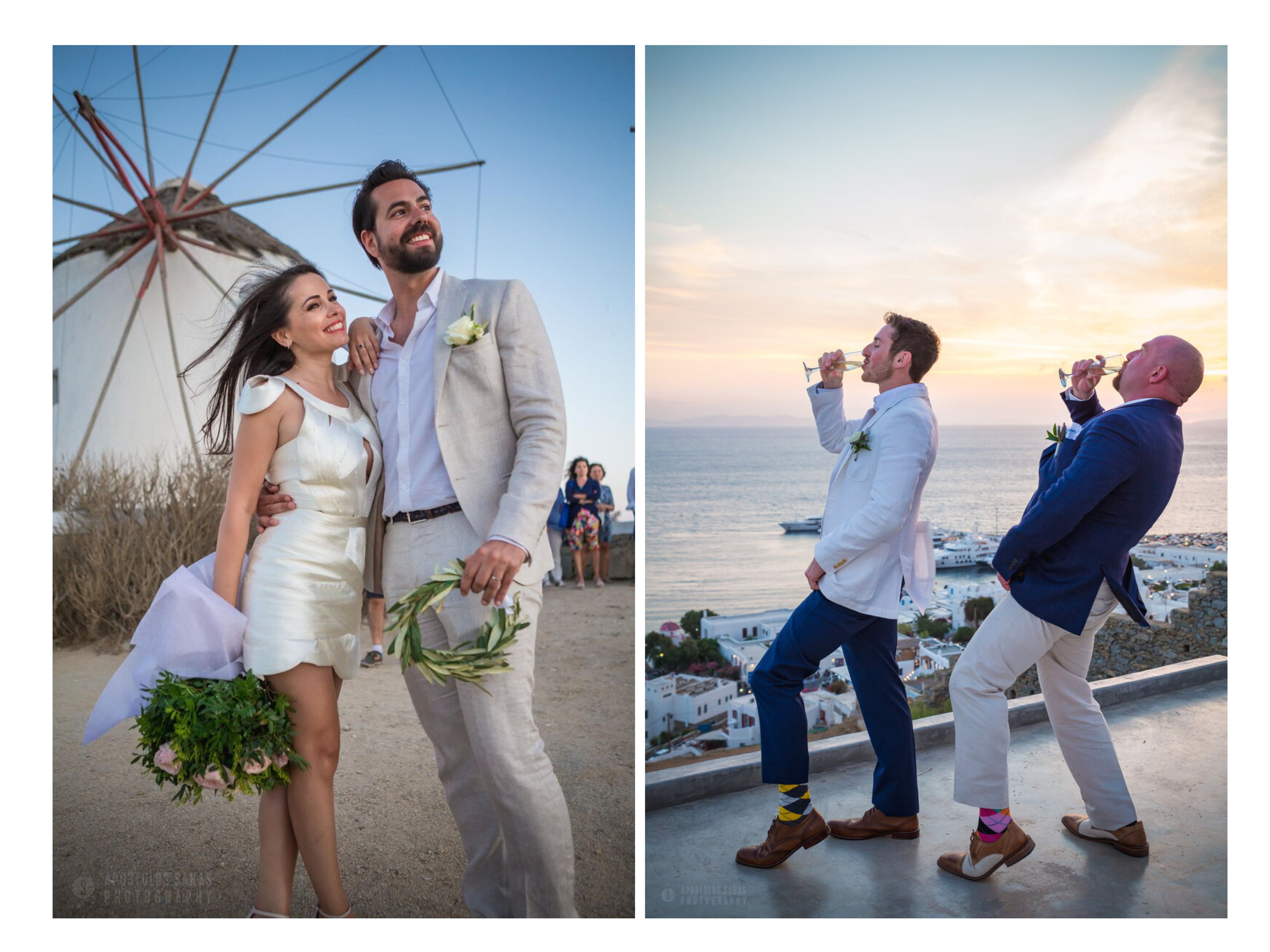 A joyful wedding scene with a couple in elegant outfits and friends toasting against a stunning sunset over the sea, Mykonos wedding photography.